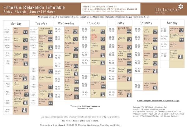 March Fitness & Relaxation Timetable