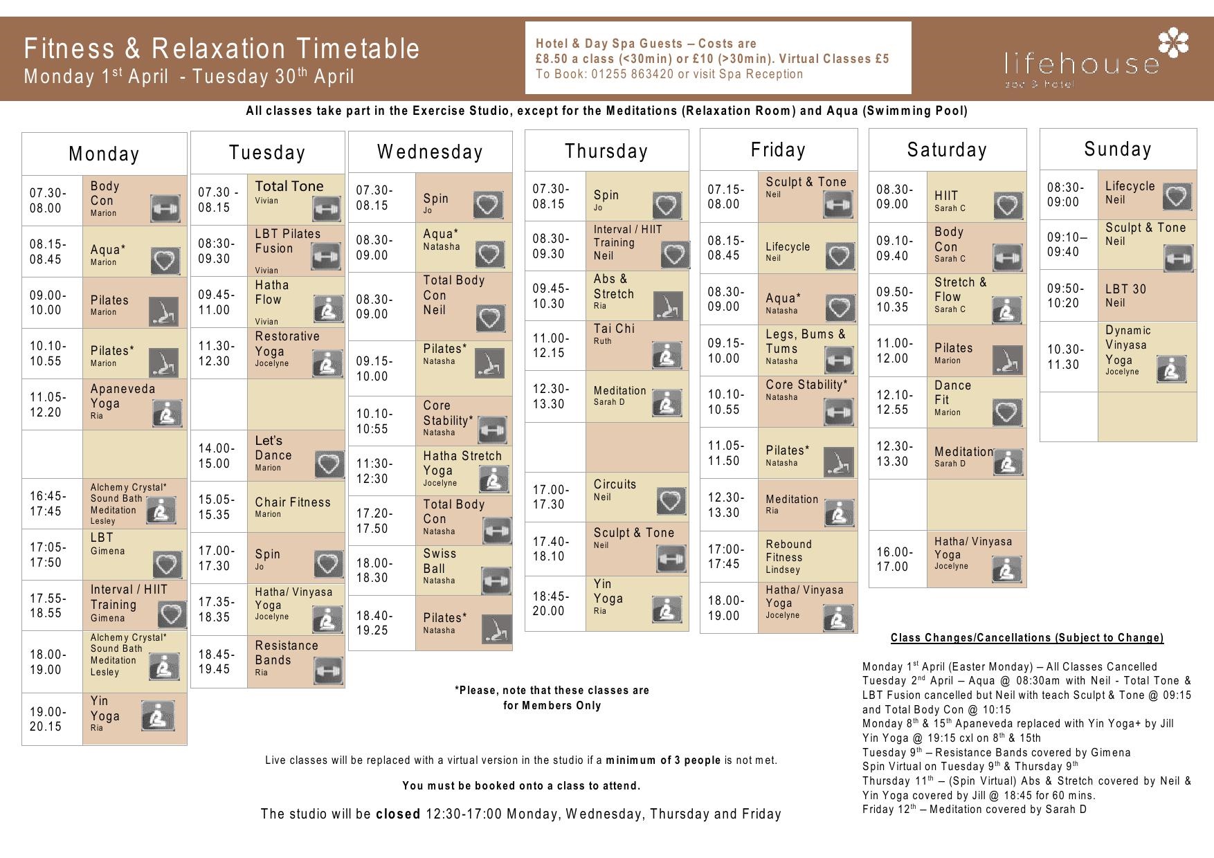 April Fitness & Relaxation Timetable