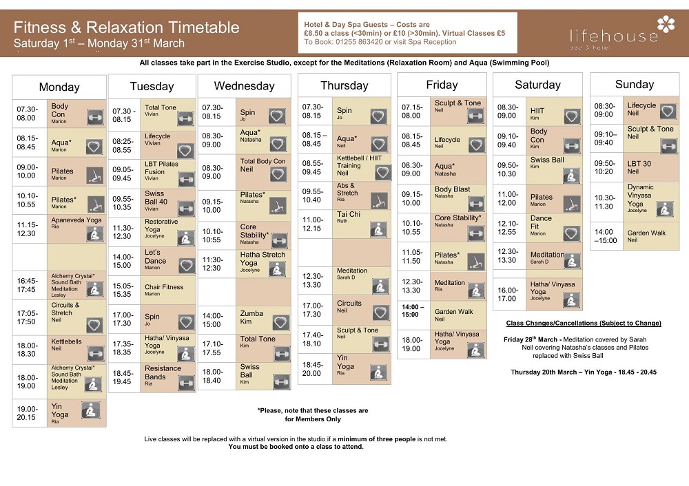 March Fitness & Relaxation Timetable