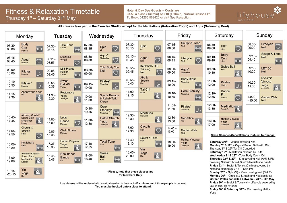 May Fitness & Relaxation Timetable