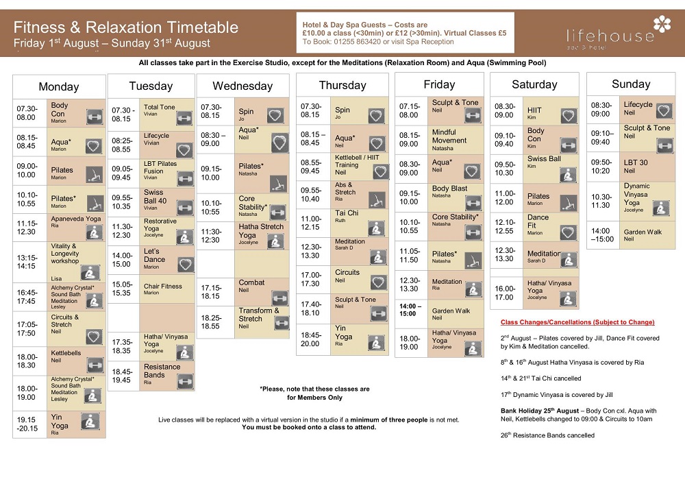 August Fitness & Relaxation Schedule
