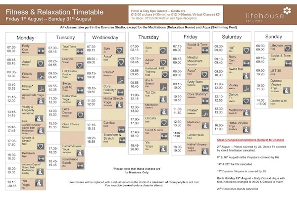 August Fitness & Relaxation Schedule