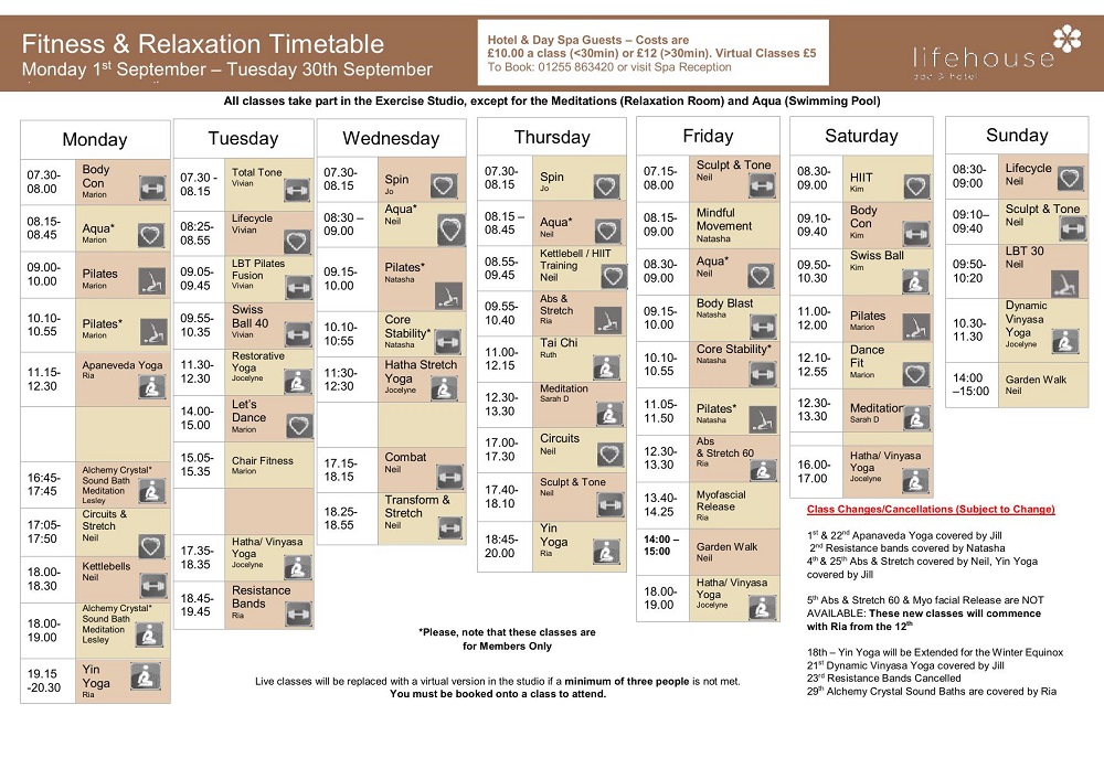 September Fitness & Relaxation Schedule
