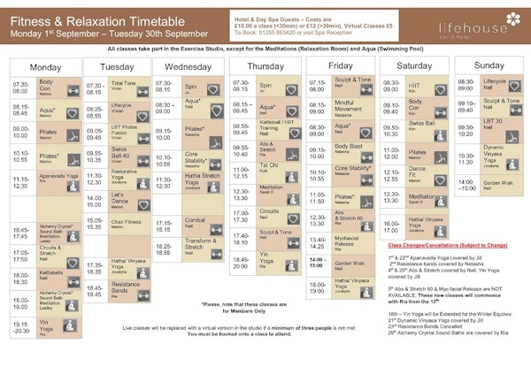 September Fitness & Relaxation Schedule